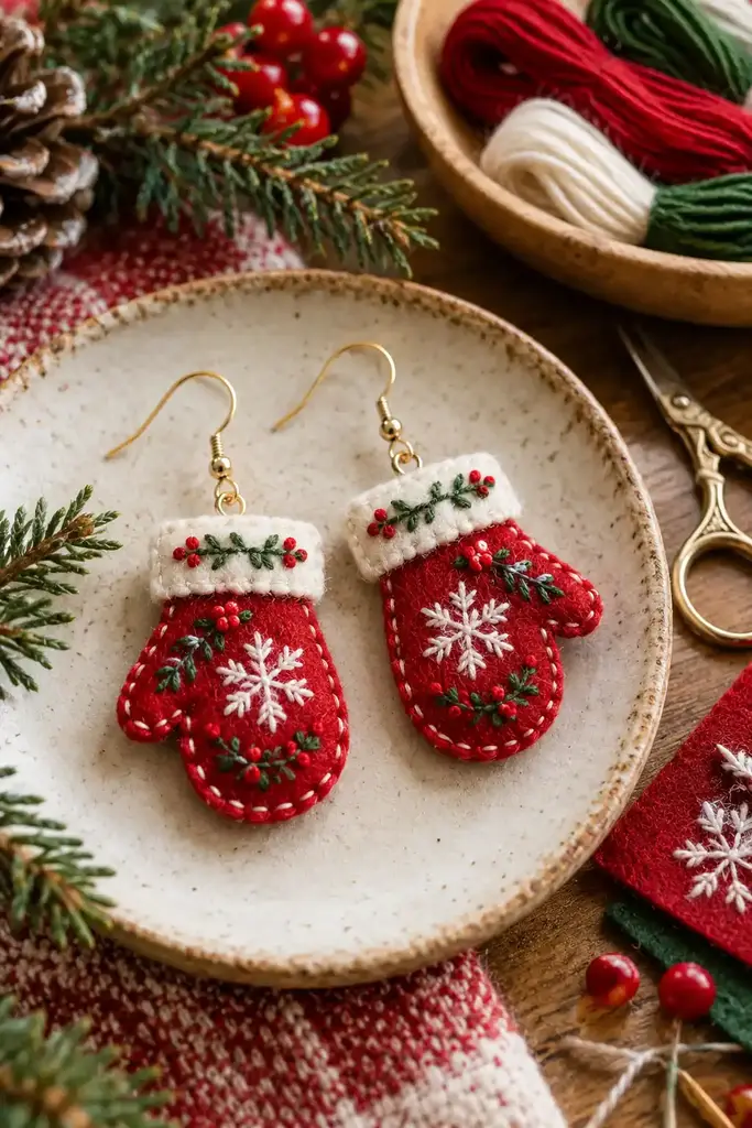 Embroidered felt mitten drop earrings