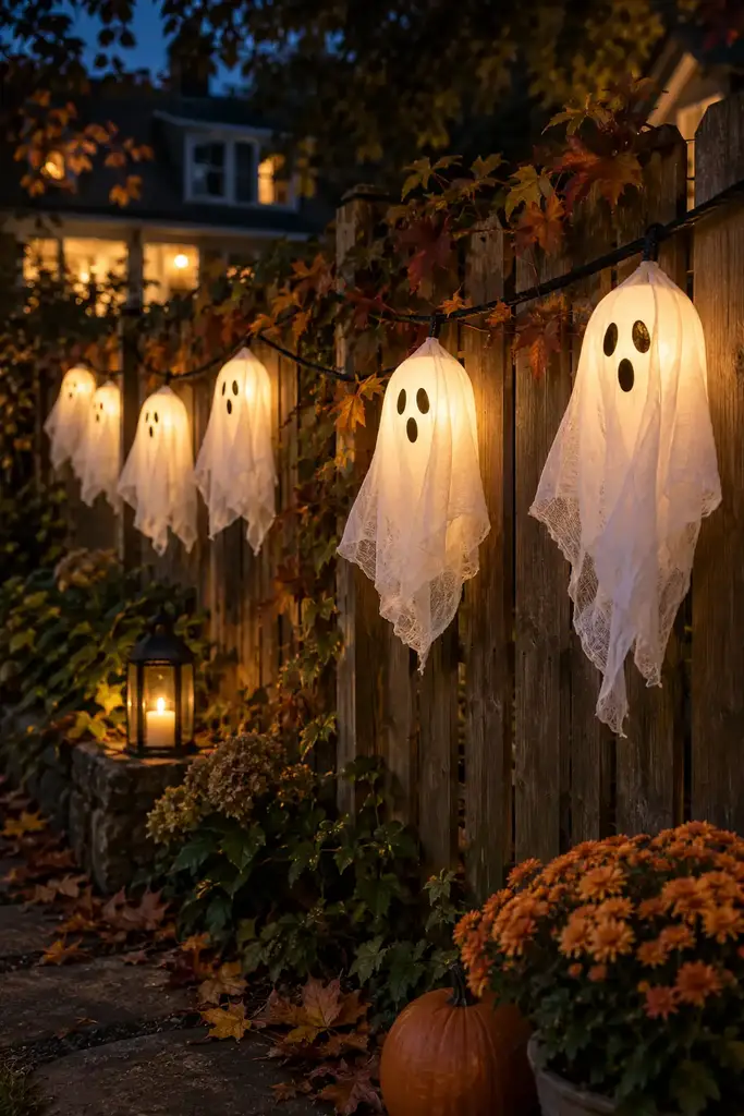 White fabric ghost lanterns glowing along a backyard fence at night