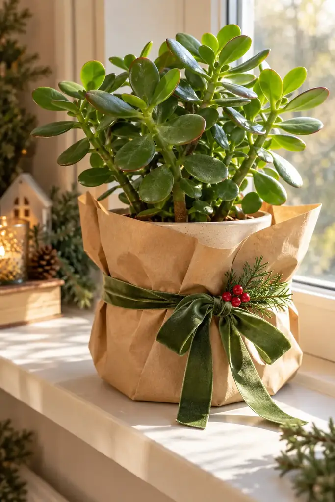 Jade plant in kraft paper wrap tied with a green velvet ribbon on a windowsill