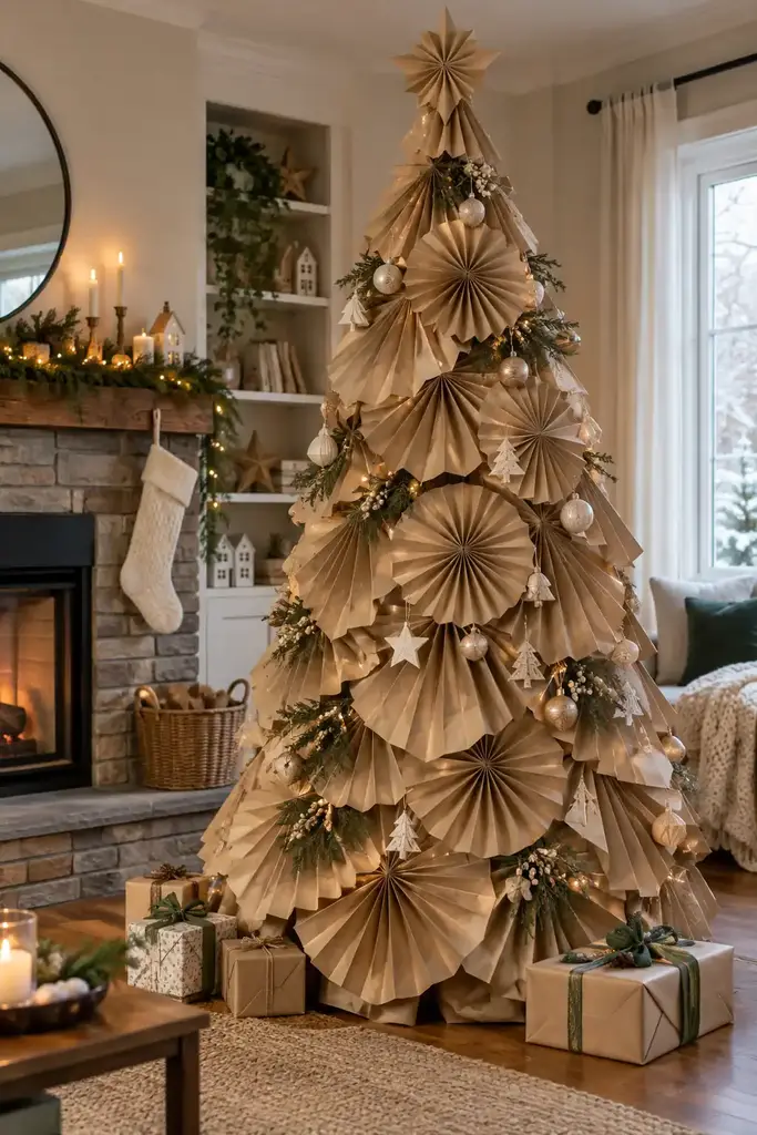 DIY Christmas tree ideas, large tree made with kraft paper fans
