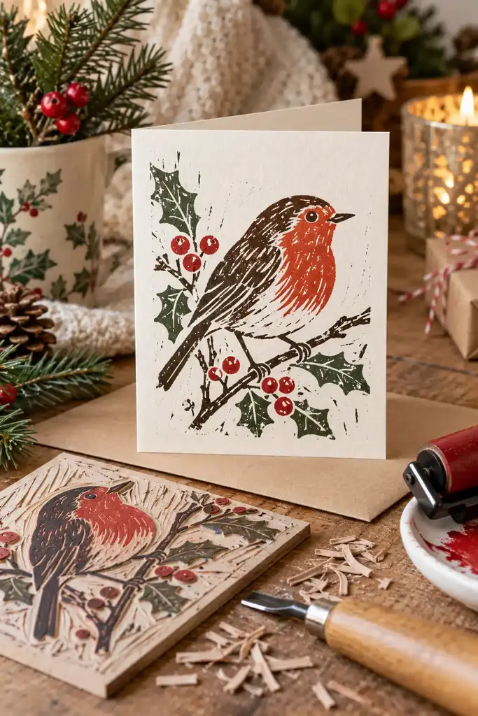 Linocut style robin card