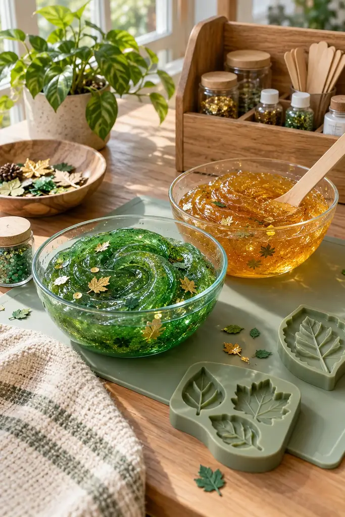 Nature inspired slime station with green and amber slime, wooden caddy, leaf molds and a small plant