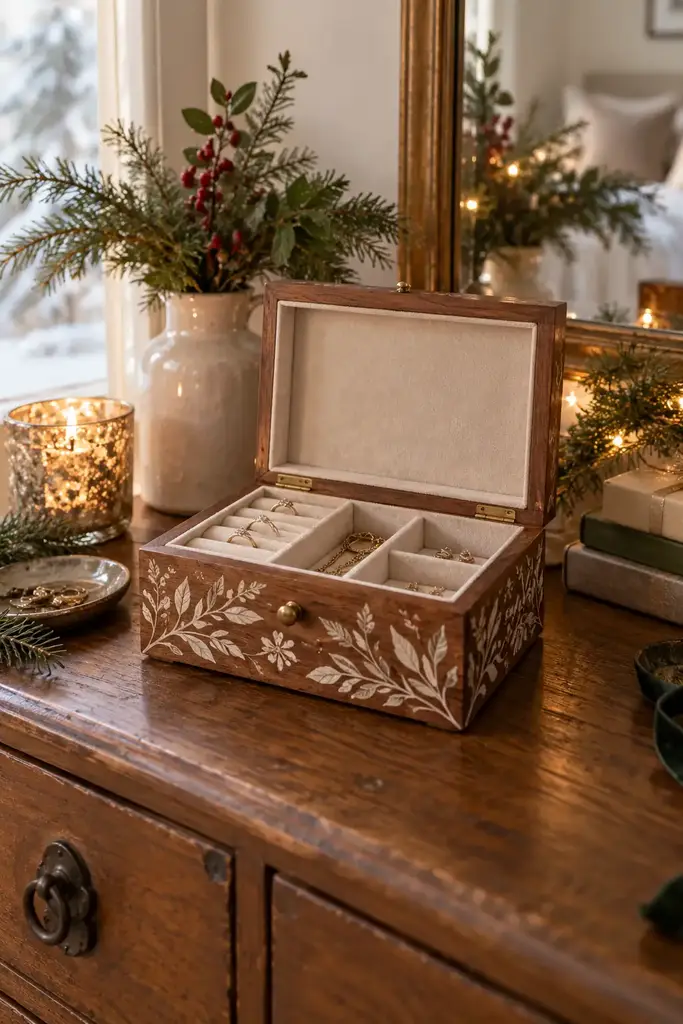 Small wooden jewelry box hand painted with cream leaf motifs and lined compartments inside