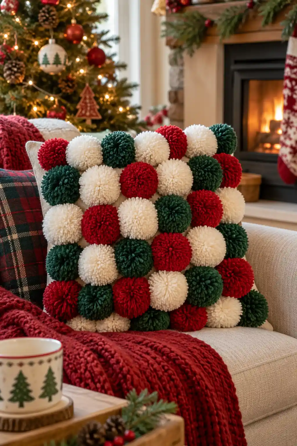Pom Pom Cushion DIY Christmas decor ideas