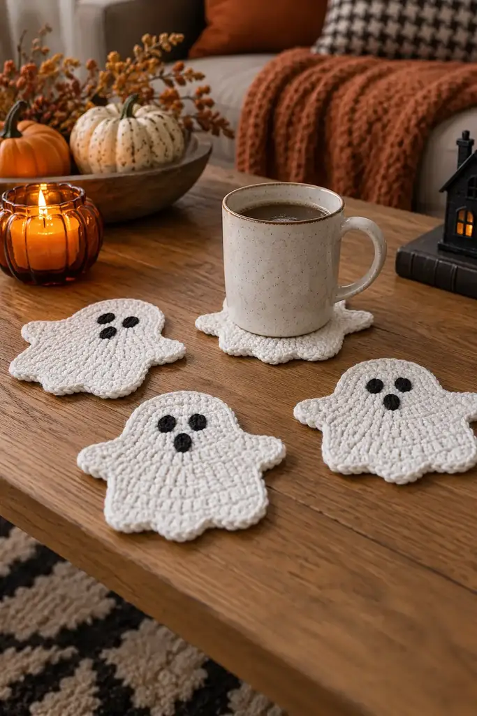 Set of flat white crocheted ghost shaped coasters around a mug on an oak coffee table