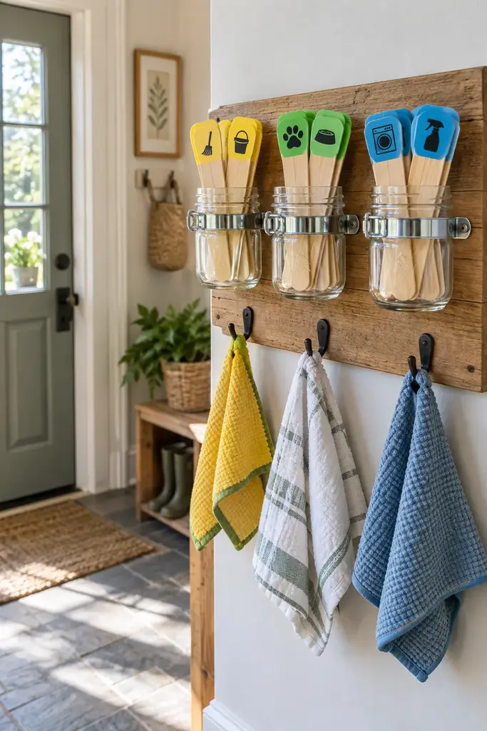 DIY wall mounted chore station with three clear jars clamped to a wood board and hooks for cloths