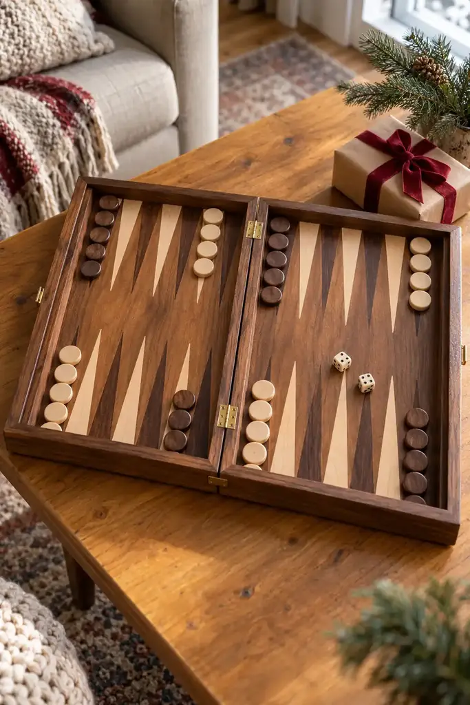 Open walnut wooden backgammon set with wooden checkers and dice on a coffee table near a wrapped gift