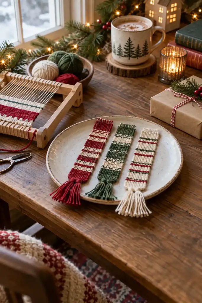 Red, green and cream striped woven yarn bookmarks with tassels beside a small frame loom