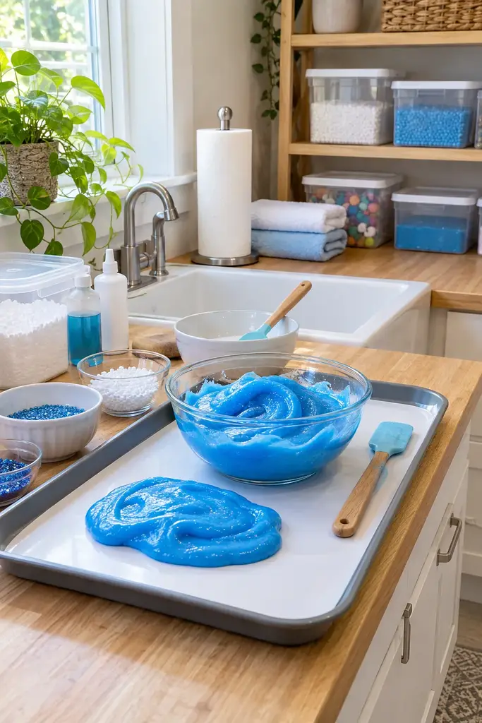 Easy clean slime station beside a utility sink with a rimmed tray, blue slime and paper towels