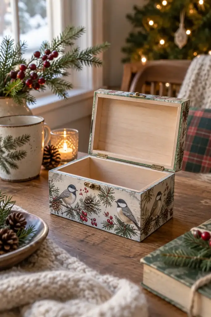 Small wooden keepsake box decoupaged with vintage winter bird paper with an open lid