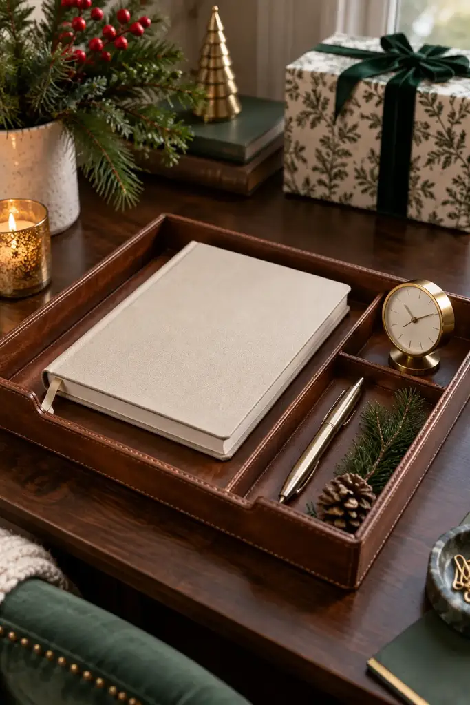 Wooden desk tray with a linen notebook, a pen and a brass clock on a dark wood desk