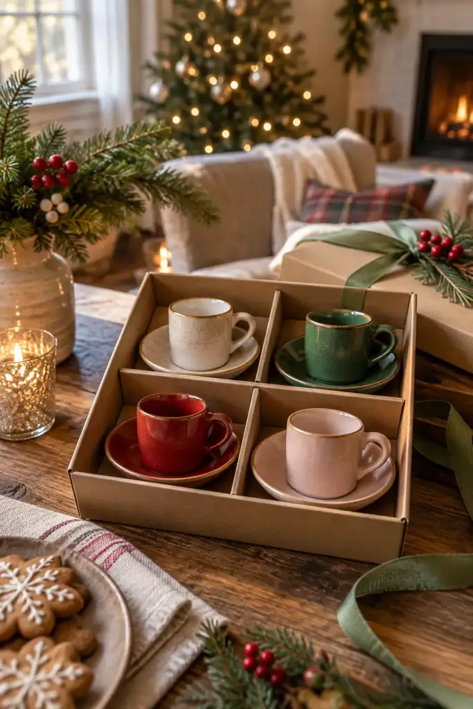 Four ceramic espresso cups and saucers in cream, green, red and pink in a divided gift box