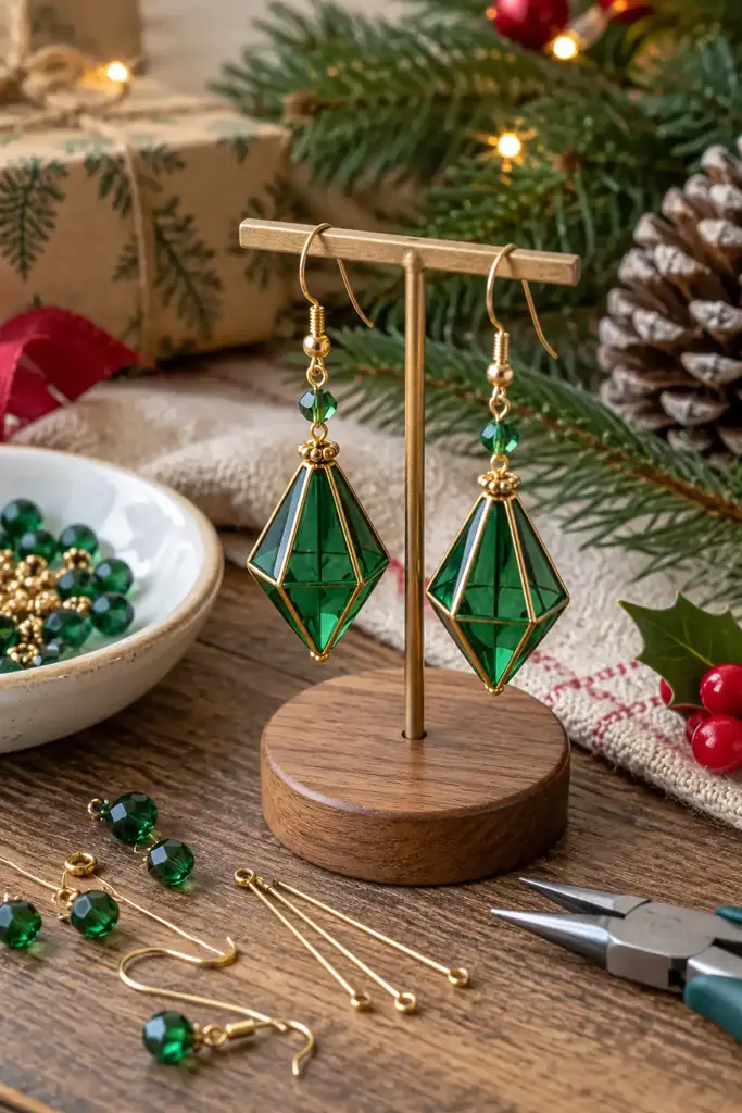 Green glass geometric drop earrings