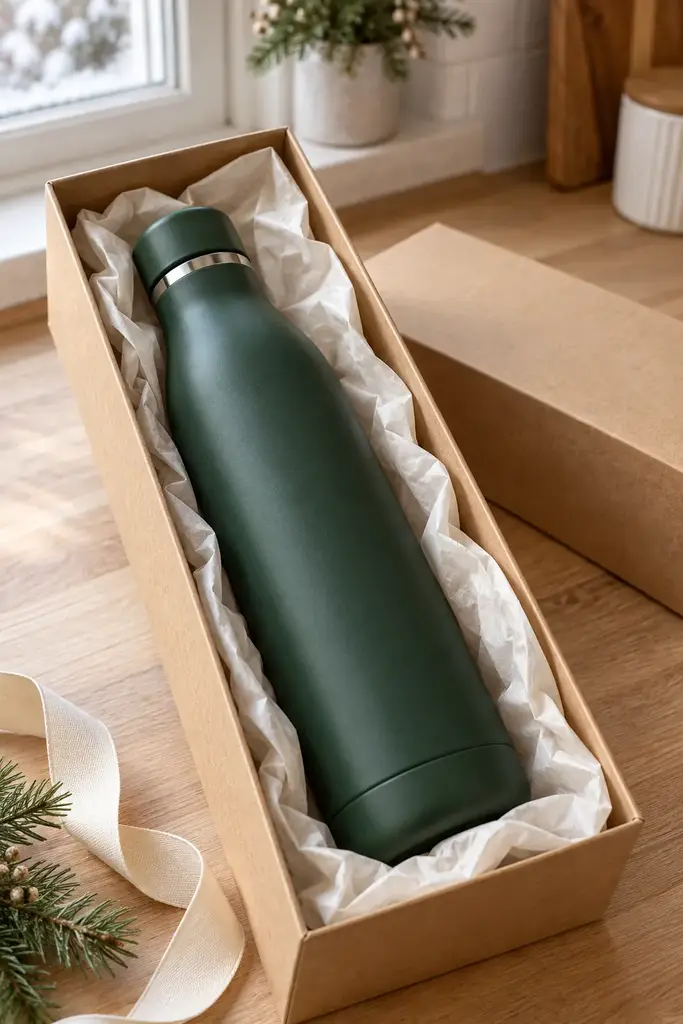 Forest green insulated stainless steel water bottle in a long kraft gift box with tissue paper
