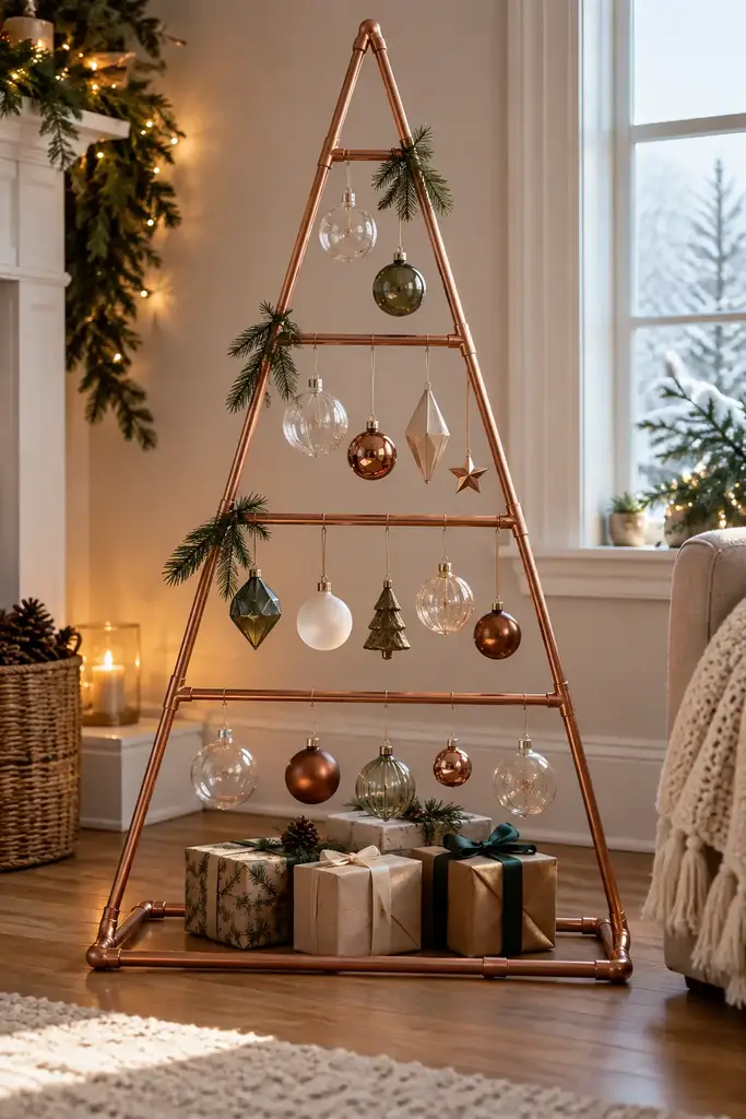 Copper colored pipes form a tall open triangle on a rectangular base