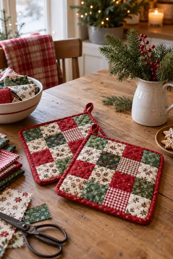 Pair of quilted patchwork potholders in red, green and cream with hanging loops