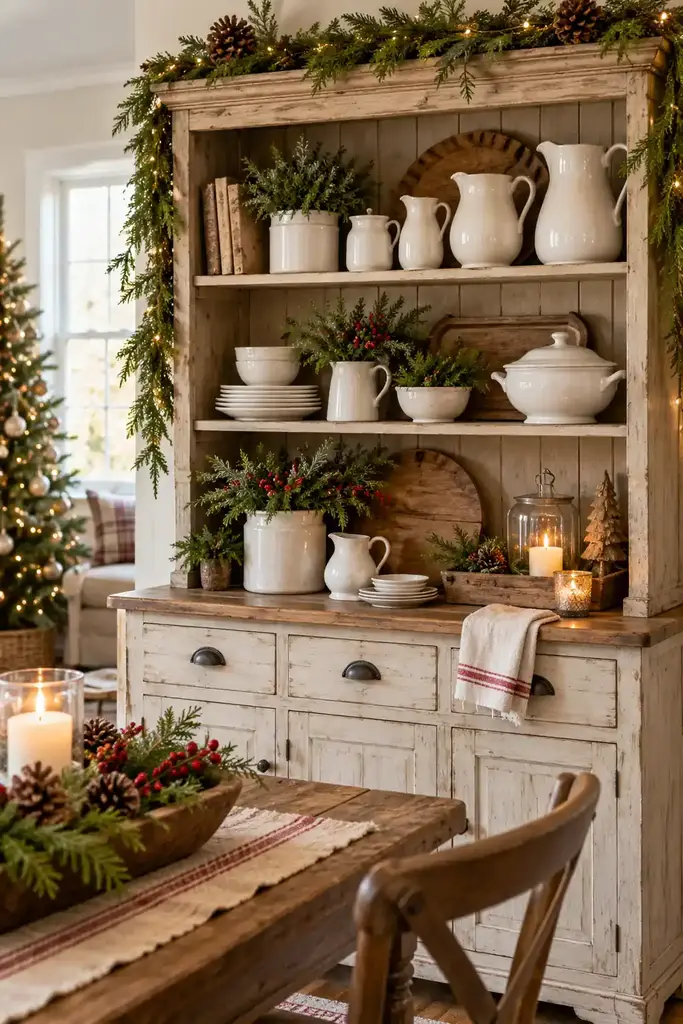 Rustic hutch with white pottery and greenery