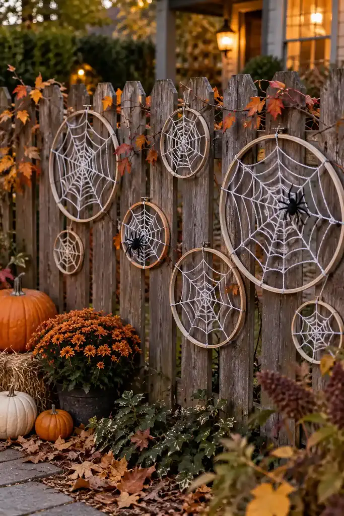 Embroidery hoops woven with white yarn spiderwebs attached at different heights to a garden fence