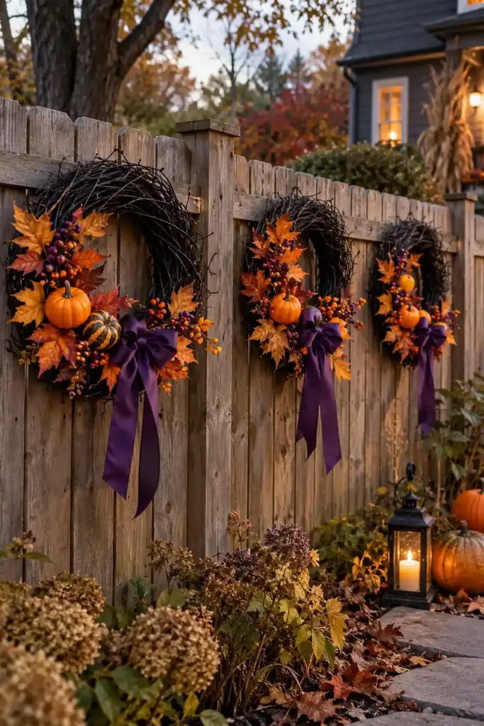 Three black grapevine wreaths with orange leaves, mini pumpkins and purple ribbons on a wooden fence