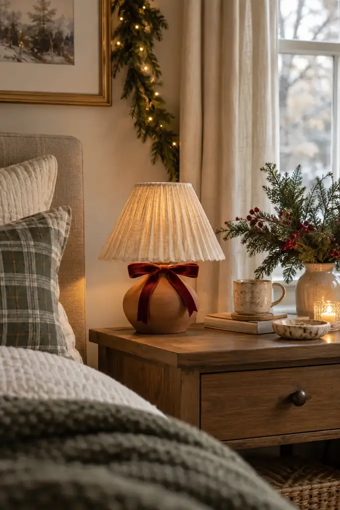 Small table lamp with a terracotta base and a pleated linen shade tied with a red bow on a nightstand