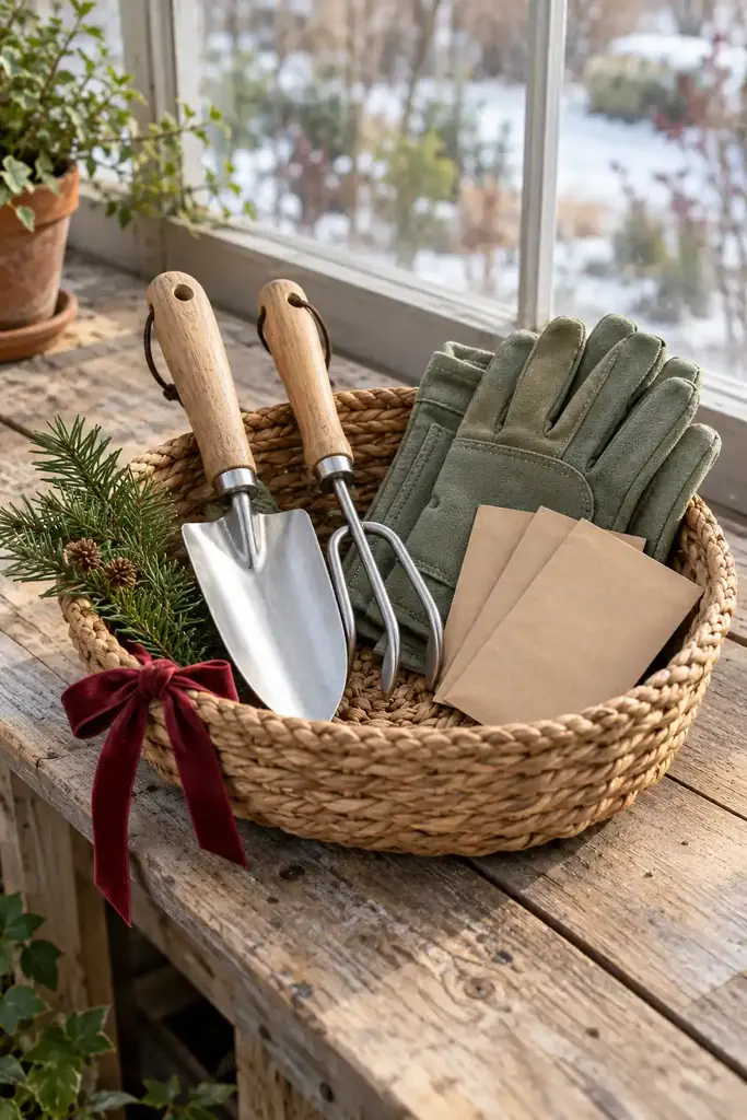 Woven basket with a hand trowel, cultivator fork, sage gardening gloves and seed packets tied with red ribbon