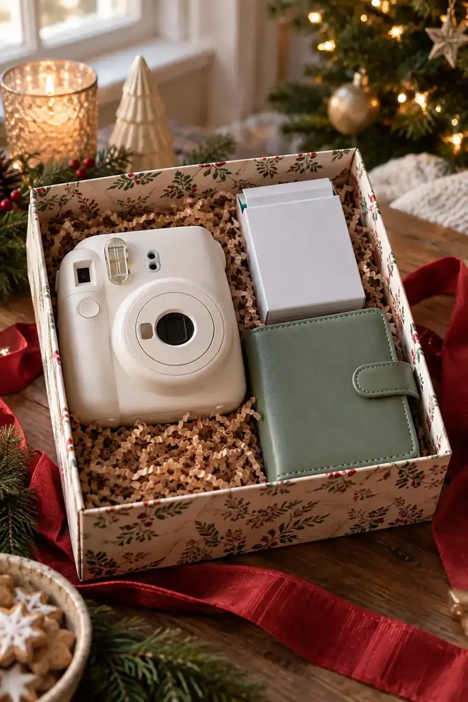 Instant camera, a mini photo printer and a green photo album in a patterned gift box
