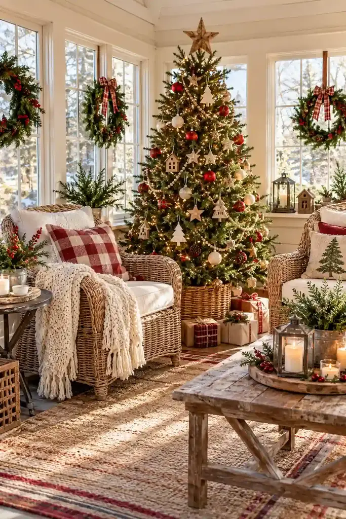 Sunroom wicker chairs and Christmas tree