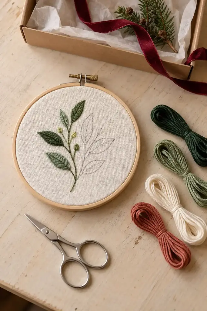 Embroidery hoop with a stitched green leaf design, cotton floss in green, cream and rust, and small scissors