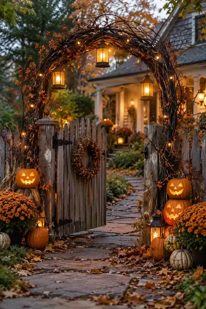 Garden gate with an arch of dark branches, orange lanterns and pumpkin decorations
