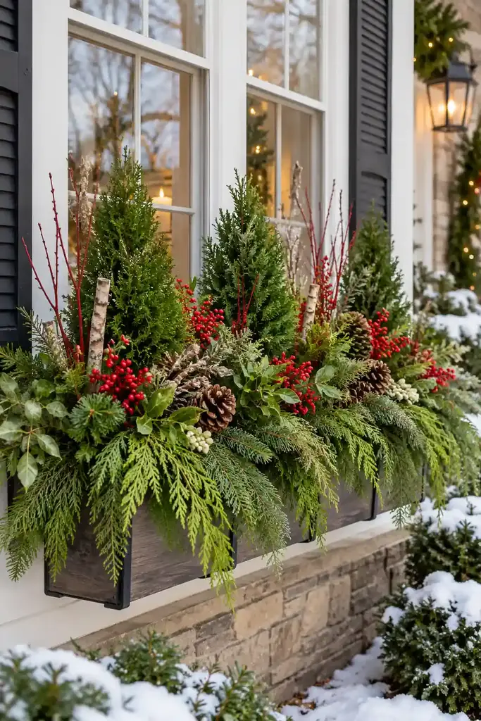 Mixed evergreen winter window box