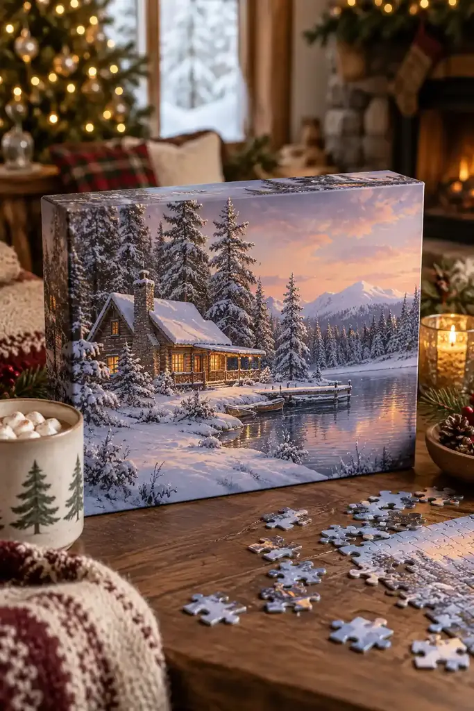 Winter cabin jigsaw puzzle box beside loose puzzle pieces and a tree print mug on a table