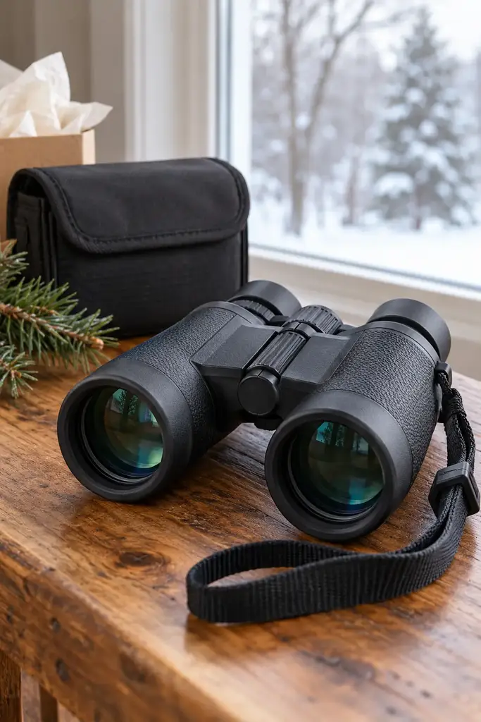 Black binoculars with a neck strap and carry case on a rustic wooden table by a snowy window