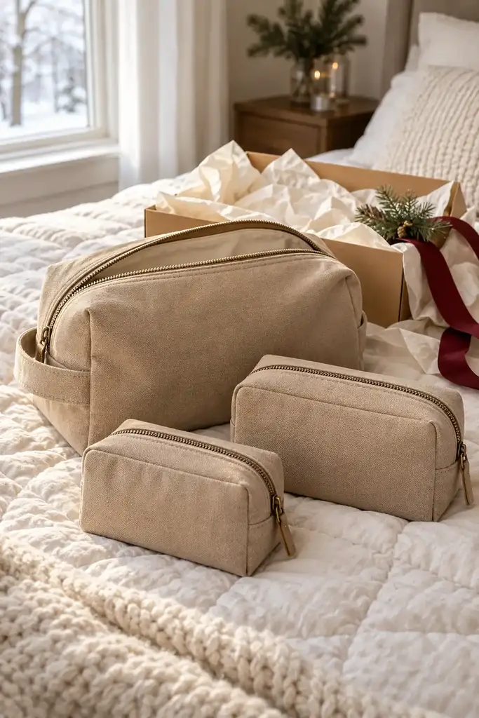 Three beige canvas zip travel pouches in different sizes on a white quilted bed with a gift box