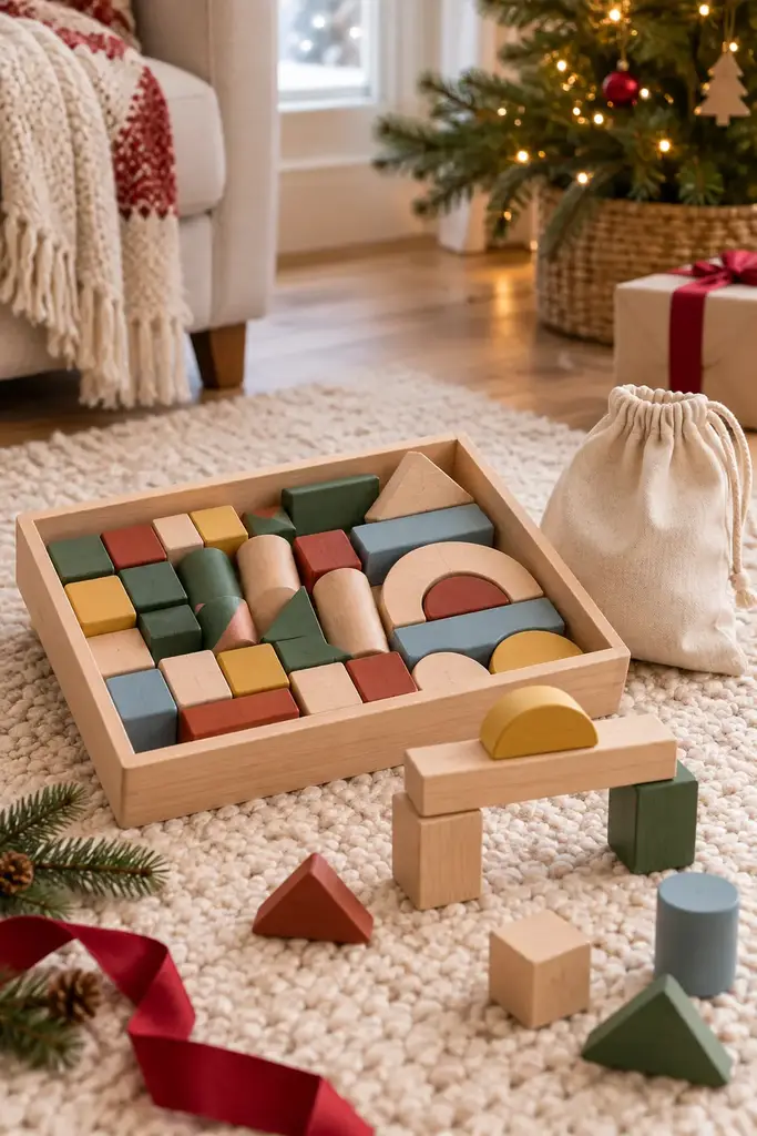 Tray of painted wooden building blocks with arches and triangles on a cream rug near a Christmas tree