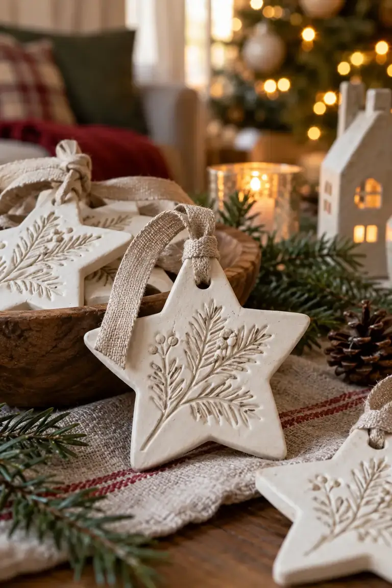 Pale clay stars and tags with pressed evergreen patterns and ribbon loops