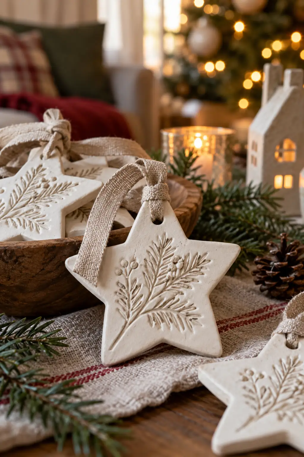 Pale clay stars and tags with pressed evergreen patterns and ribbon loops