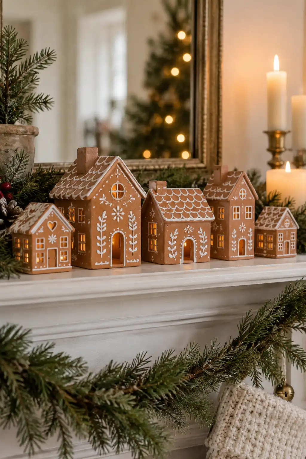 Small brown clay houses decorated with white icing-like patterns