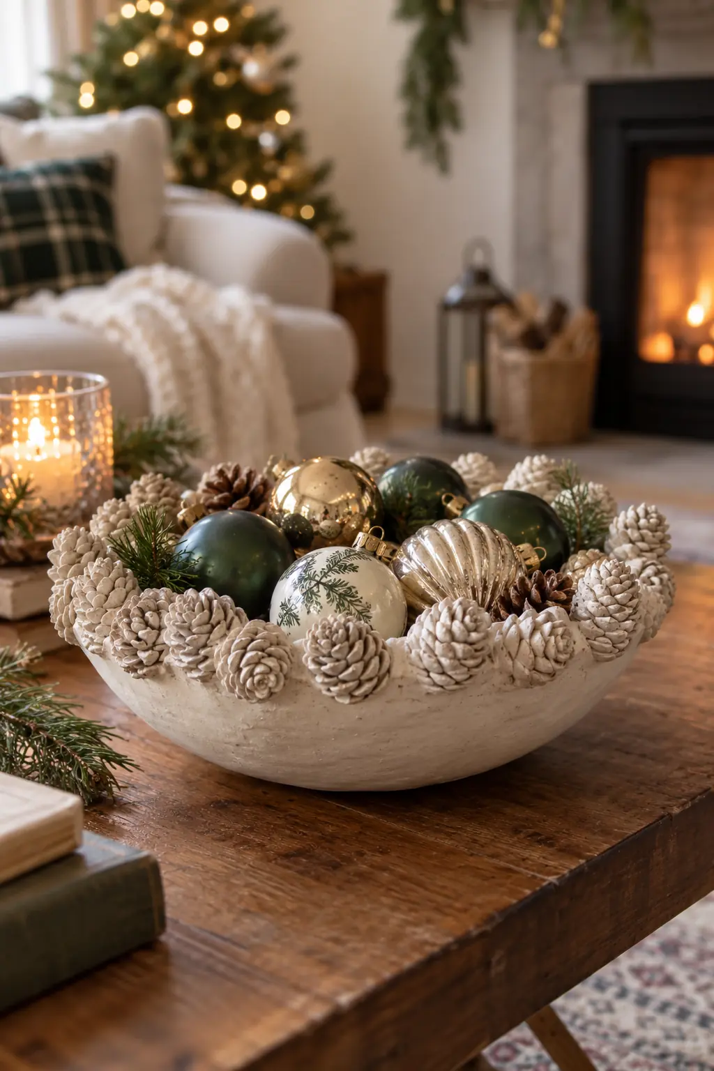 A pale decorative clay bowl with pinecone-like texture holding baubles
