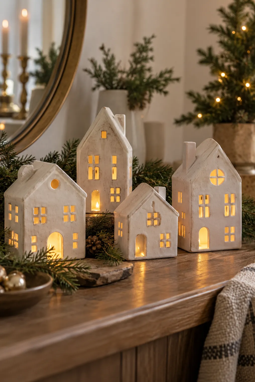 White clay houses with warm light shining through their windows