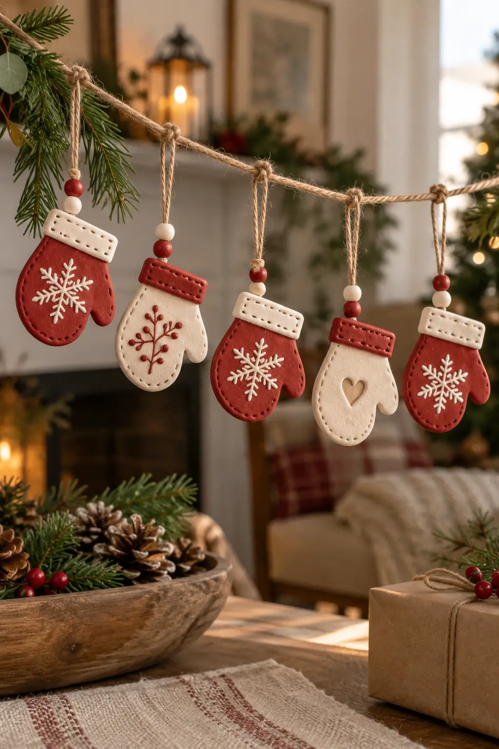 Red and cream mitten-shaped ornaments hanging from a cord