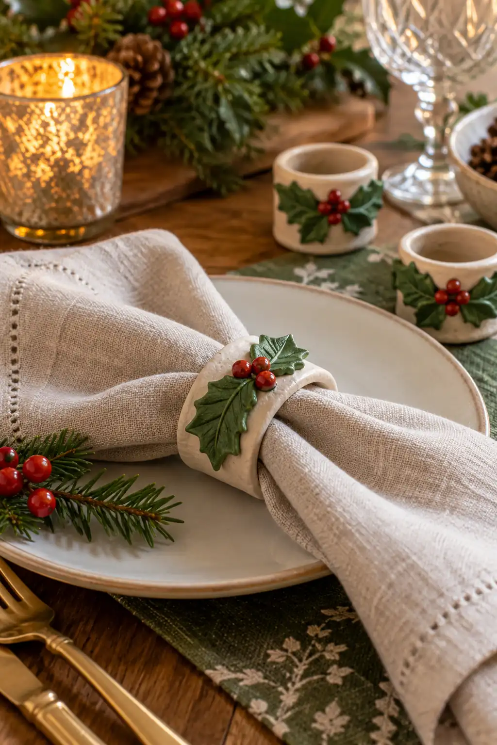 Pale napkin rings decorated with green holly leaves and red berries
