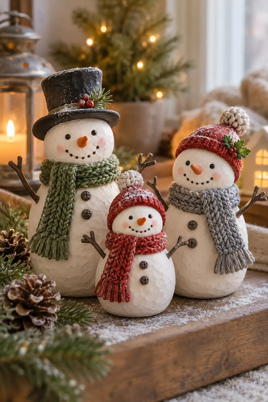 Three textured white clay snowmen wearing colorful hats and scarves