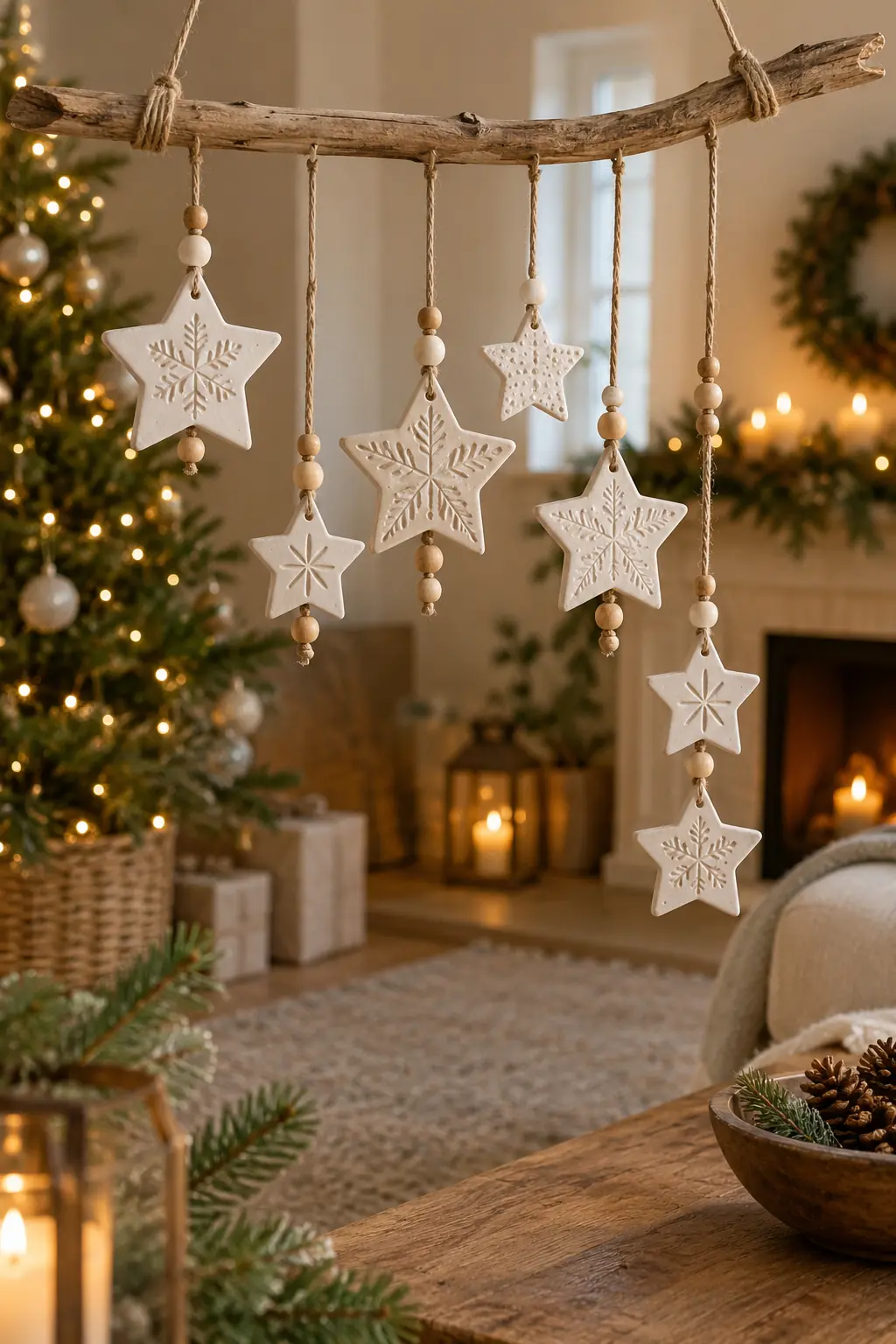 White patterned clay stars suspended from a natural branch