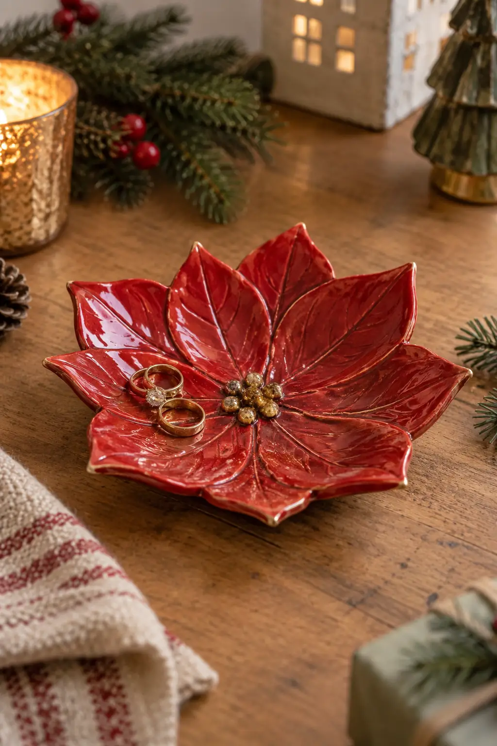 A red flower-shaped clay dish with layered pointed petals