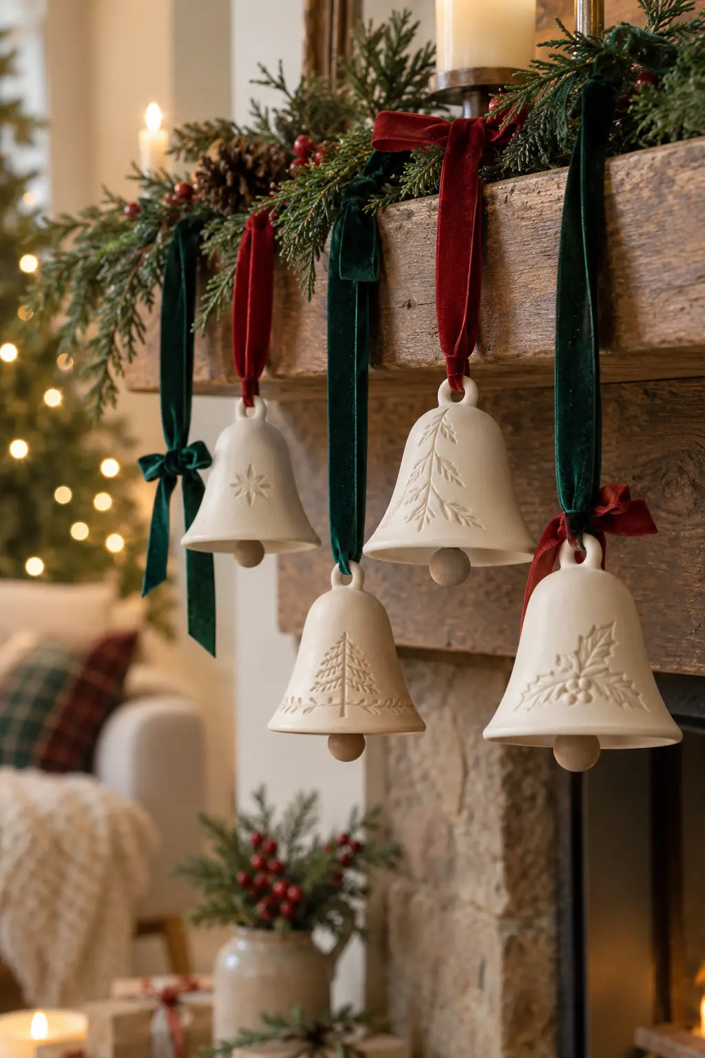 Cream clay bells hanging from red and green ribbons
