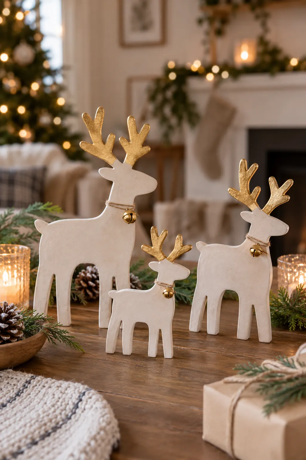 Pale reindeer-shaped clay decorations with small gold accents