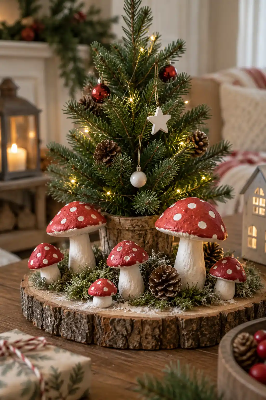 Red-capped clay mushrooms arranged on a wood slice with greenery
