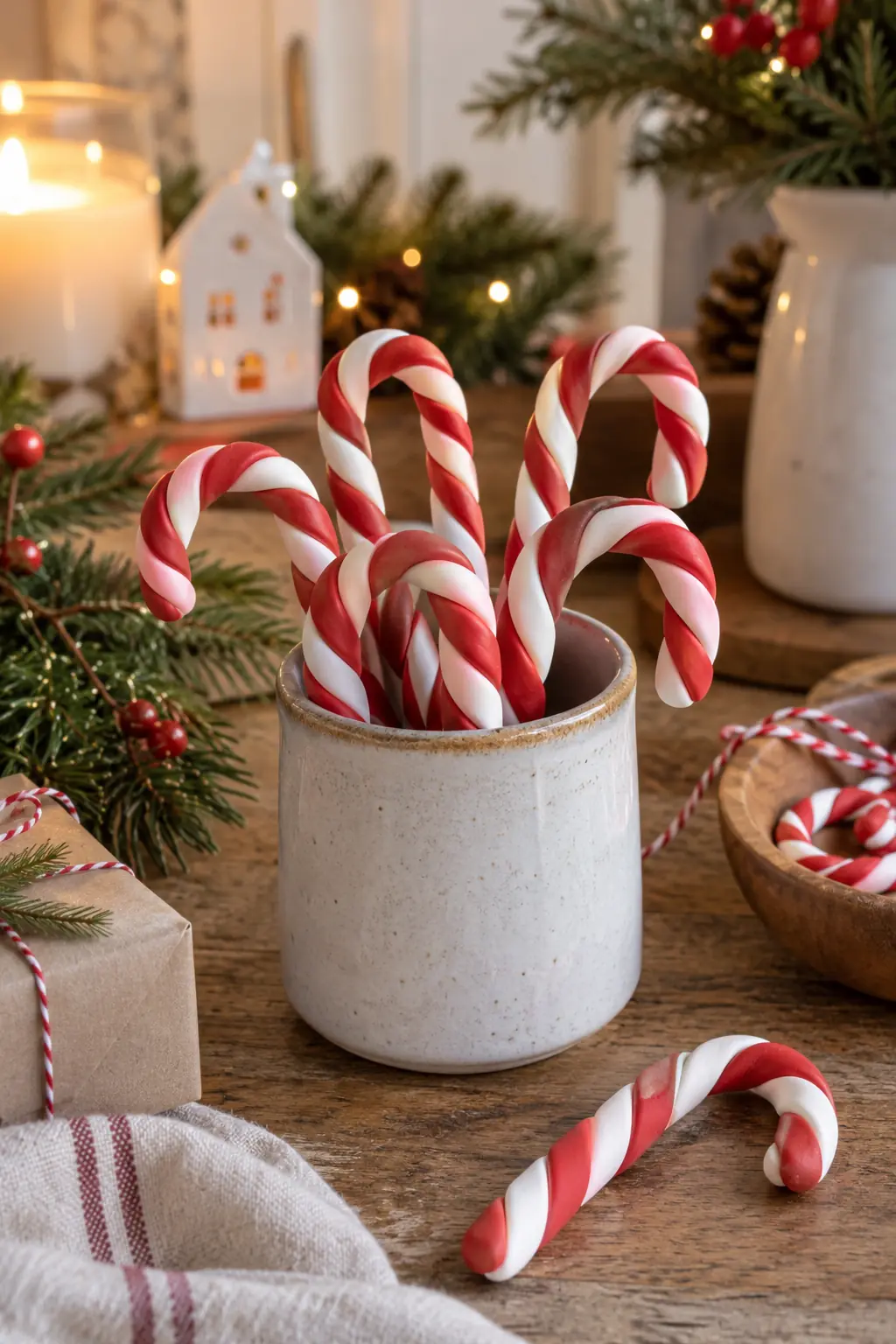 Red and white candy-cane-shaped decorations standing in a pale pot