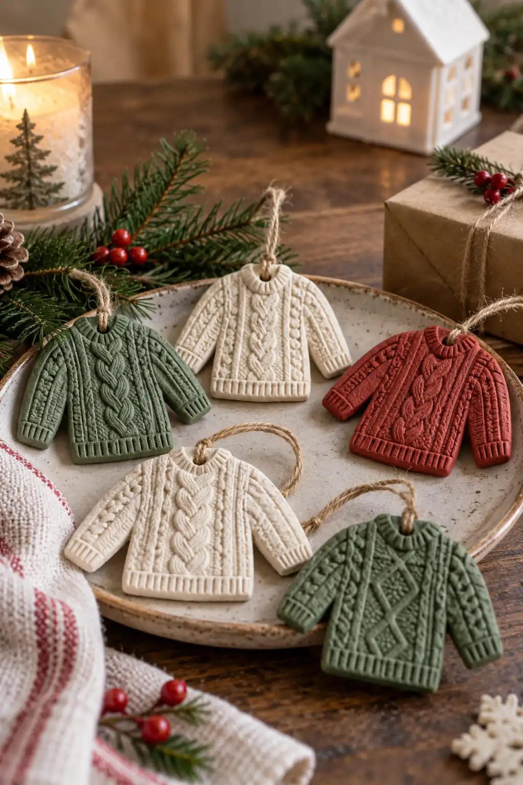 Small cream, green and red sweater ornaments with knitted patterns