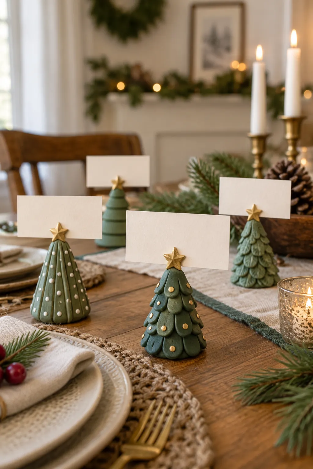 Small green clay trees holding blank cards at table settings